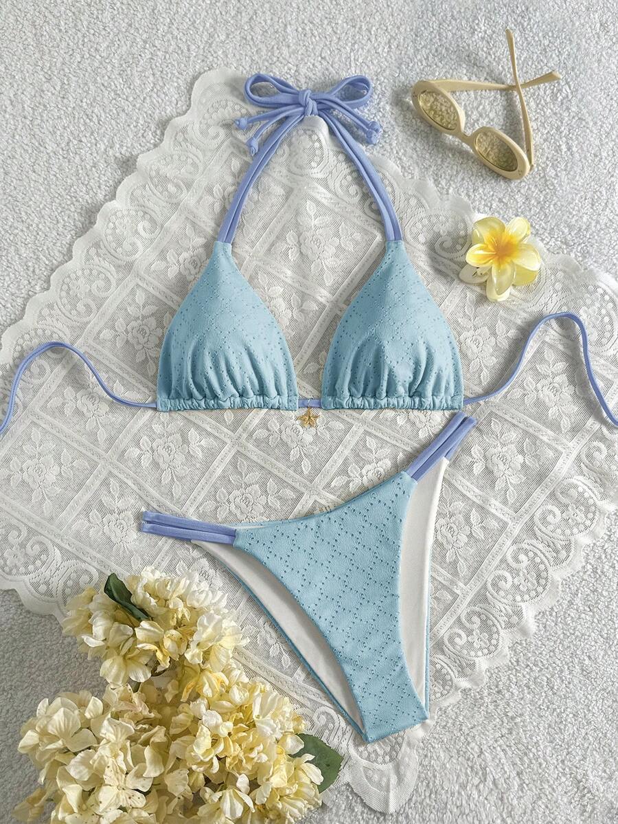 Swim Mod 女士夏季沙滩撞色露背系带性感比基尼泳衣套装 - 彩色 - 查看 1