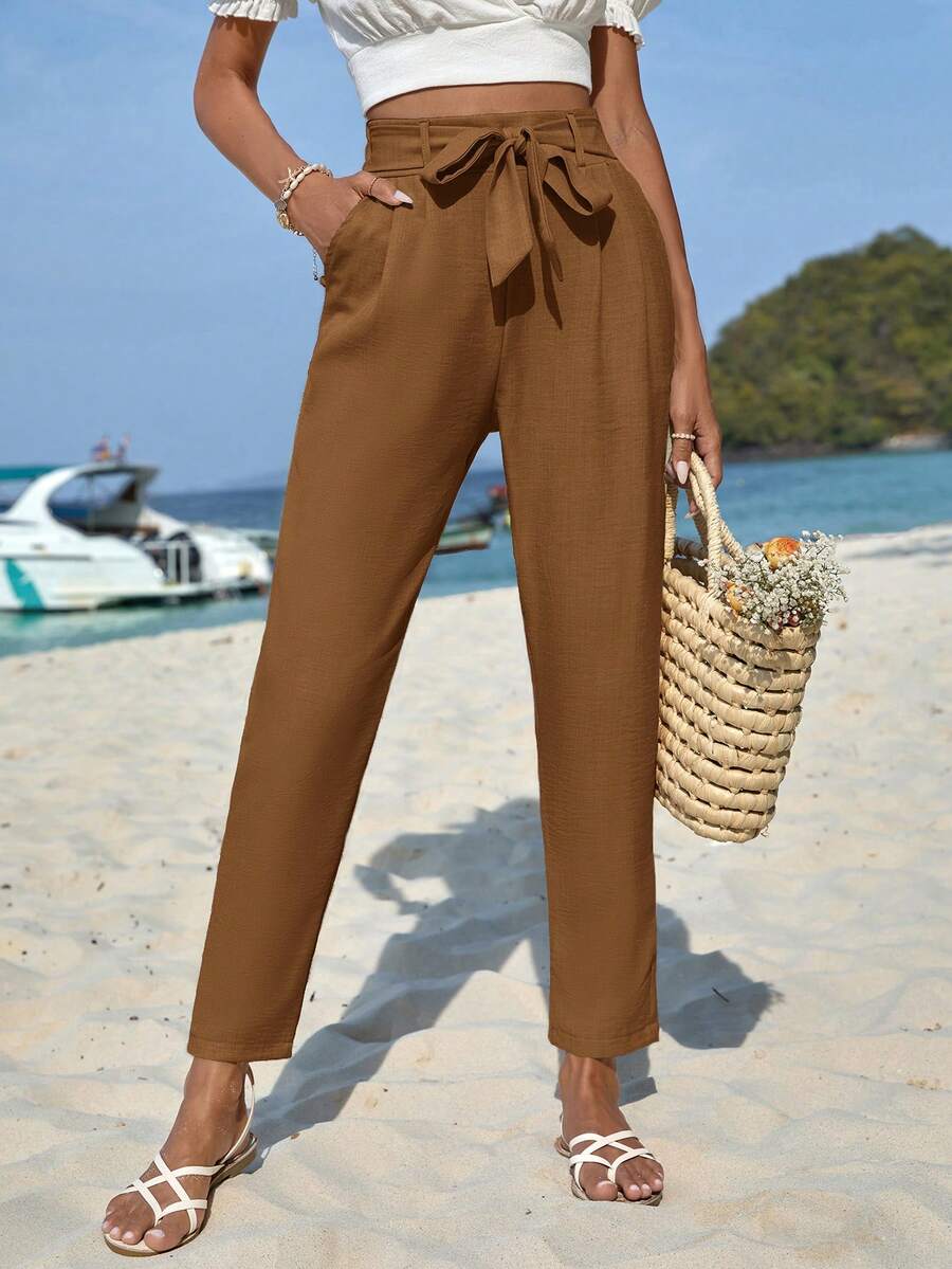 EURMUSE Belted Cropped Pants - Brown - View 1