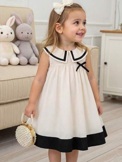Babygirl Cute Patchwork Peter Pan Collar Bow Tie Dress