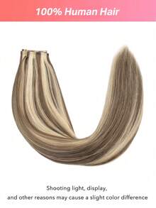 Seamless Clip Ins 100%真人发，7片装无缝PU夹式真人发接发，直发，14-22英寸，浅棕色挑染中金色，肤色，Remy发接发，110克，带夹子 - S8/60 - 查看 4