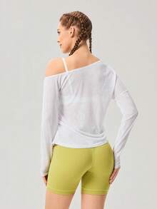 OutZeal 女士运动白色T恤 日常休闲柔软弹力单肩不对称长袖运动上衣 - 白色 - 查看 6