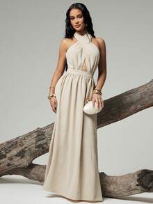 Hauture Đầm maxi nữ gợi cảm, cổ yếm chéo phía trước, hở lưng. - Màu be - Xem 5