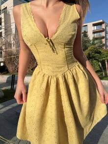 Joudiya 春夏黄色音乐节修身腰部蝴蝶结撞色拼接纹理休闲甜美女孩派对婚礼鸡尾酒会连衣裙，优雅通勤无袖迷你连衣裙 - 黃色 - 查看 6