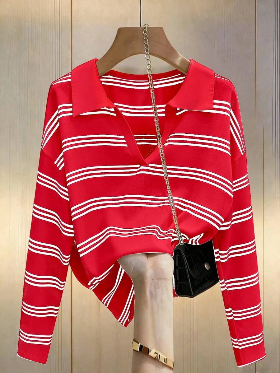 GlowEve Women's Casual Striped Long Sleeve T-Shirt, Spring - Red - View 1
