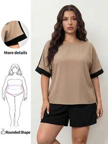 Enliva Plus Size Women's Summer Casual Resort Shorts And Shirt Set, Summer Two Pieces Set, Style Summer Two Pieces Set, Shorts Set,Mother Day Outfit,Women Two Pieces Sets, Summer Clothes,Work Set,Outfit Sets, For Apple And Rounded Body Shape - Khaki - View 1