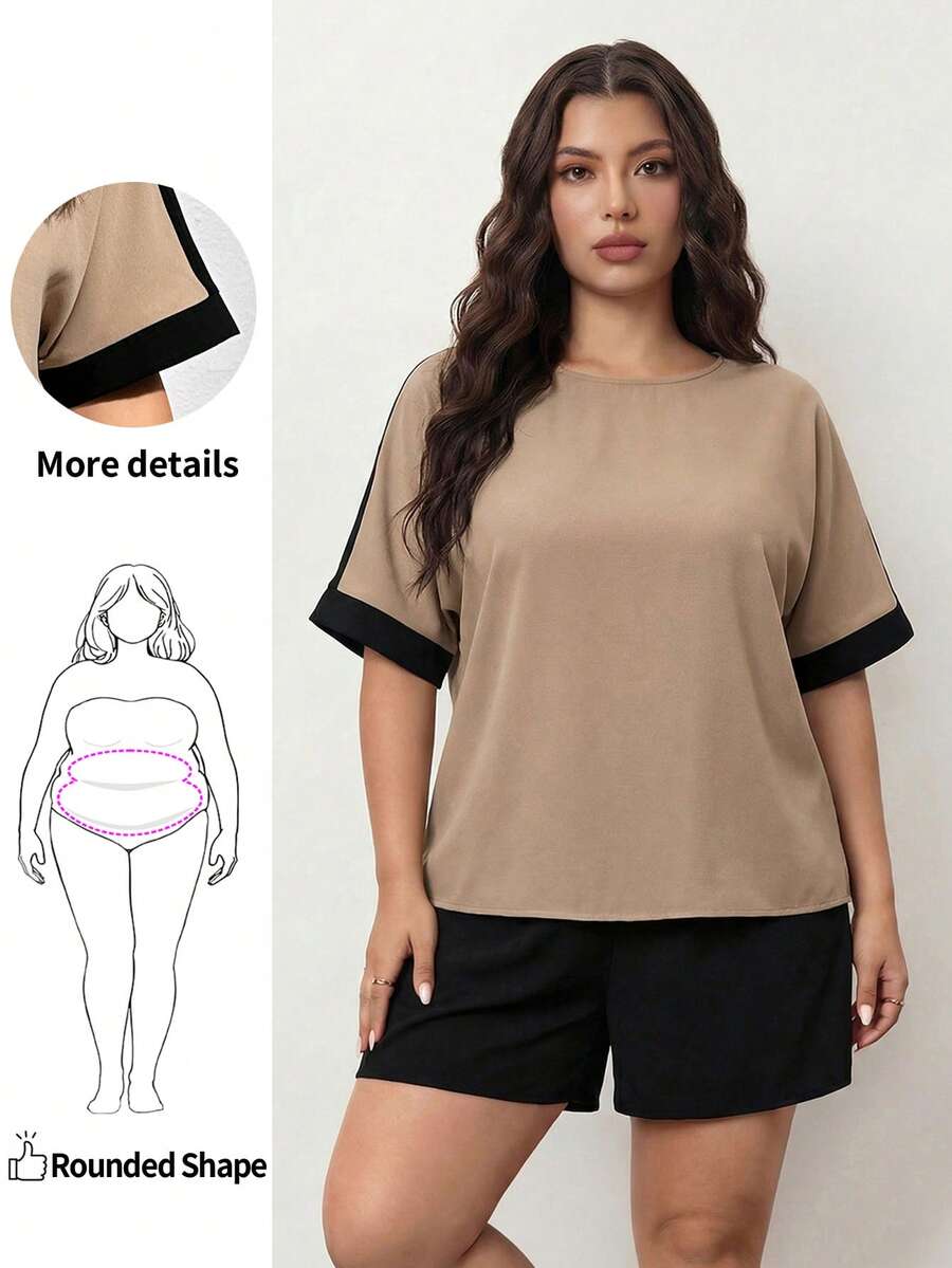 Enliva Plus Size Women's Summer Casual Resort Shorts And Shirt Set, Summer Two Pieces Set, Style Summer Two Pieces Set, Shorts Set,Mother Day Outfit,Women Two Pieces Sets, Summer Clothes,Work Set,Outfit Sets, For Apple And Rounded Body Shape - Khaki - View 1