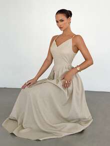 Siren Gaze Elegant Women's V-Neck Spaghetti Strap Maxi Dress Pleated A-Line Long Dress, Women's Date Dress, Women's Night Out Dress, Women's Summer Dress, Women's Honeymoon Travel Outfit, Women's Wedding Guest Dress, Island Vacation Dress, Women's Wedding Guest Dress, Women's Sundress, Women's Elegant Party Dress, Women's Birthday Dress, Classy Dress - Apricot - View 1