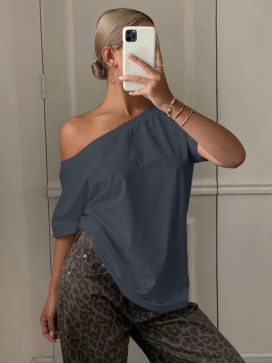 DAZY Women's Off-Shoulder Short Sleeve T-Shirt Summer - Grey - View 1