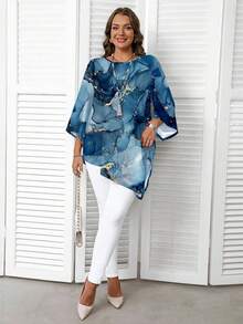 EMERY ROSE Casual Ink Marble Texture Pattern Round Neck Long Sleeve Plus Size Shirt, Suitable For Spring And Autumn - Multicolor - View 3