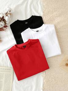 Conjunto de 3 camisetas ajustadas de manga larga con cuello redondo, 95% algodón, de estilo minimalista casual, con diseño bordado de caballo - Multicolor 7 - Ver 4
