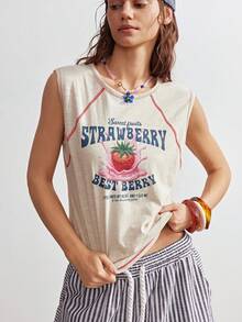 Bohemela 女士休闲舒适 Y2K 波西米亚风音乐节复古图案印花钩针撞色细节燕麦色针织纹理圆领T恤，夏季上衣，基础款上衣，完美适用于休闲外出、闺蜜聚会、音乐节、派对叠穿或居家休闲穿着，自由随性风格 - 杏色 - 查看 3