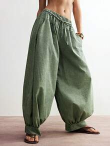 Bohemela Pantalones anchos de pierna ancha, sueltos y tejidos de unicolor para mujer - Verde militar - Ver 4