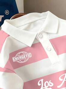 Manfinity Joysei Men's Contrast Stripe & Letter Print Polo Shirt - Baby Pink - View 3