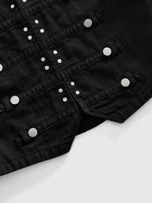 ROMWE MEN Camisa vaquera de manga corta con diseño casual de varios botones para hombre - Negro - Ver 5