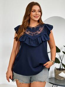 EMERY ROSE 大码女式蕾丝拼接荷叶边下摆衬衫，夏季穿搭，女士夏季服装，女士海滩度假服装，女士外出上衣，女士假日服装，蕾丝边饰上衣，女士优雅休闲上衣，夏季穿搭，女士春季服装，蓝色上衣，女士度假服装，女士休闲上衣 - 藍色 - 查看 1