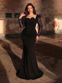 Aureia Vestido de punto con bajo de sirena, cuello redondo, manga larga, transparencia en el pecho, decoración de lentejuelas, parches de lentejuelas de lujo, adecuado para celebraciones, fiestas, eventos formales, galas, talla grande, estilo minimalista elegante en color negro - Negro - Ver 8
