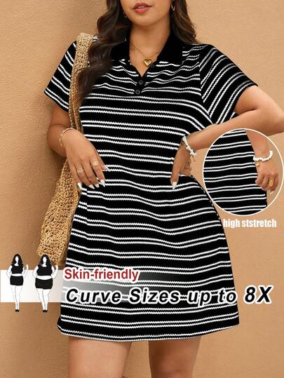 SHEIN CURVE+ Plus Size Women's Summer Striped Polo Collar Short Sleeve Casual Dress