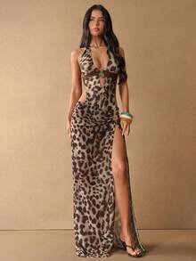 SHEIN BAE 1 Set Leopard Print Backless Deep V-Neck Metal Decor Swimsuit & High Slit Maxi Skirt, 2-Piece Swimwear Set,Beige Summer Casual Beach Vacation Fall - Brown - View 6