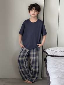Dazy Kids Tween Boy Solid Color Short Sleeve Top And Plaid Pants Pajama Set Summer - Navy Blue - View 3