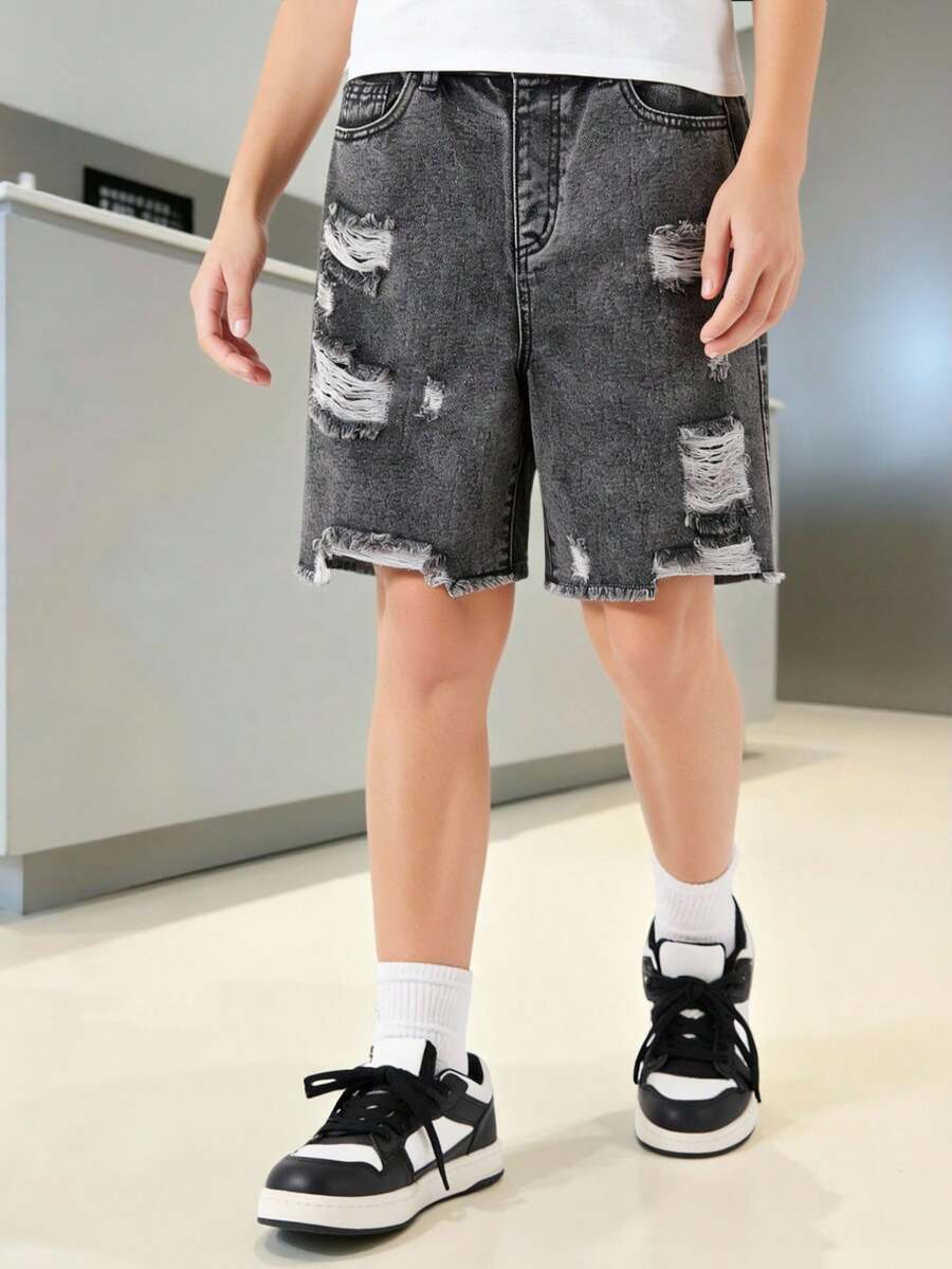 Camiseta gráfica casual y versátil con efecto desgastado para niño preadolescente, ropa de calle de moda y para exteriores - Gris Oscuro - Ver 1