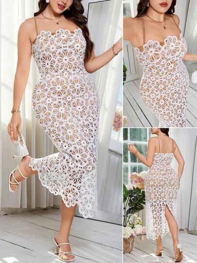 Ellevyn Vestido de slip elegante de encaje y ajustado para mujer de talla grande