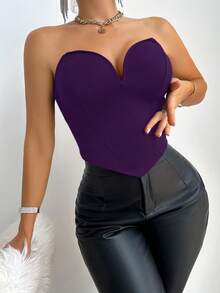 VaVaBold 女士时尚纯色修身V领吊带背心，女士休闲不对称设计，金属孔眼，系带无肩带修身红色纯色女式上衣，春夏款，新年派对/夜店穿搭 - 紫色 - 查看 4