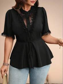 EMERY ROSE Plus Size Women's Solid V-Neck Lace Trim Short Sleeve Full Button Front Regular Fit Elegant Blouse - Black - View 6
