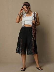 Freevana Quần Bermuda dáng rộng, màu trơn, xẻ tà, cạp chun, phối ren, kiểu dáng thể thao năng động, bohemian, đồng quê, đường phố, hoàn hảo cho ngày Valentine, quà sinh nhật, lấy cảm hứng từ sàn diễn thời trang, các buổi tụ họp, sân bay, kỳ nghỉ. - màu đen - Xem 2