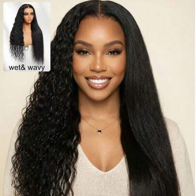 ALL READY WIG 13x4 Bye Bye Slip Pre Everything Wet And Wavy 2合1直发变水波纹真人发假发，带隐形抽绳，发质自然黑，适合所有头围，透明蕾丝，100%真人发