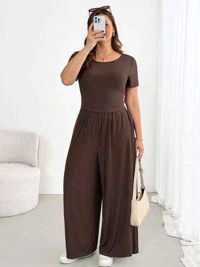 SHEIN Essnce Plus-Size Women's Spring/Summer Fashion Casual Stretchy Comfortable Everyday Basic Versatile Short-Sleeved Fitted T-Shirt And Wide-Leg Pants Brown Two Pieces Set,Summer Outfits,Simple Style,Pants Set