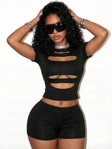 BamGleam Bộ đồ 2 mảnh gồm quần short ngắn tay khoét eo gợi cảm dành cho nữ, thích hợp cho mùa xuân/hè. - màu đen - Xem 4