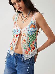 Soleia Women's Floral Print Contrast Lace Sleeveless Top - Multicolor - View 4