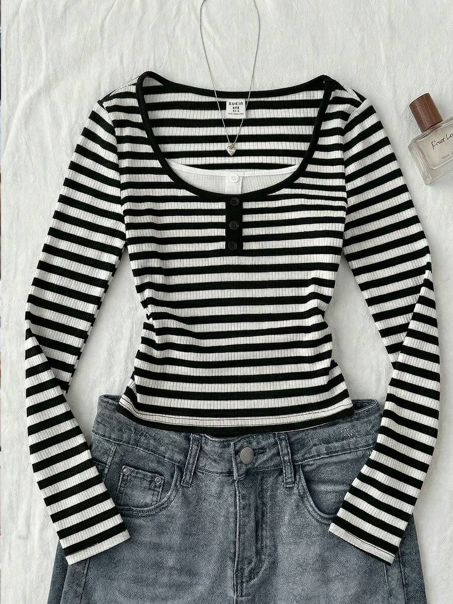 Tween Girls Black And White Striped Ribbed Knit Long Sleeve T-Shirt,2 In 1 Button Waist Ruched Crew Neck Crop Top,Casual Summer School Back-To-School - Black and White - View 1