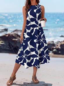Sylviya Women's Casual Floral Pattern Round Neck Mid-Length Dress, Suitable For Spring/Summer Blue Floral Midi Dress Chic Dress,Casual - Blue - View 5