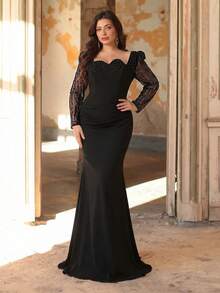 Aureia Vestido de punto con bajo de sirena, cuello redondo, manga larga, transparencia en el pecho, decoración de lentejuelas, parches de lentejuelas de lujo, adecuado para celebraciones, fiestas, eventos formales, galas, talla grande, estilo minimalista elegante en color negro - Negro - Ver 7