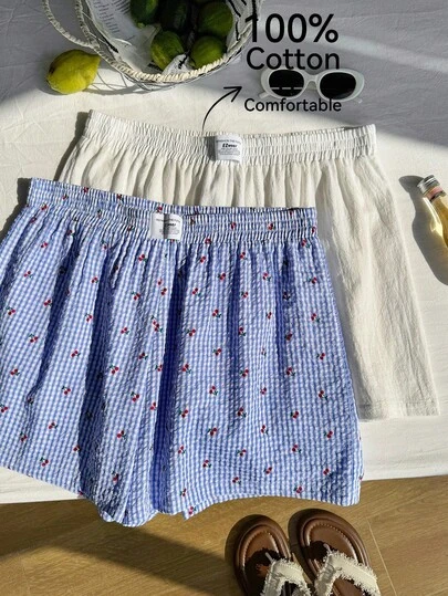 Comfortcana Bộ 2 quần short cỡ lớn kẻ sọc bằng vải lanh, có dây rút, thích hợp mặc mùa xuân/hè.