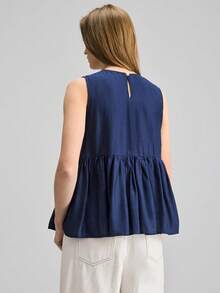 Ontre Women's Navy Blue Sleeveless Top,Summer Casual Everyday Round Neck Loose A-Line Woven Shirt,Modern Urban Chic Office Wear,Elegant Wedding Party Top - Navy Blue - View 3