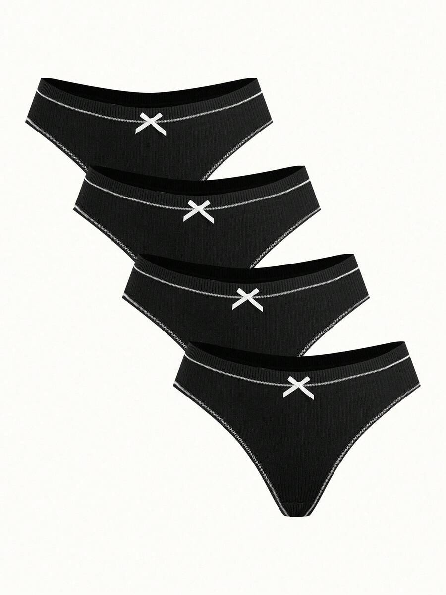 4 件套女士字母腰带丁字裤内裤，透气裆部性感提拉内裤 - 黑色 - 查看 1