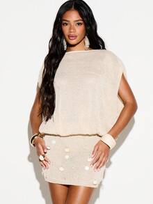 KIZN Womens Beige Open Back Chunky Knit Shell Embellished Mini Sweater Dress Fall Winter Bodycon Party Cocktail Evening - Khaki - View 2