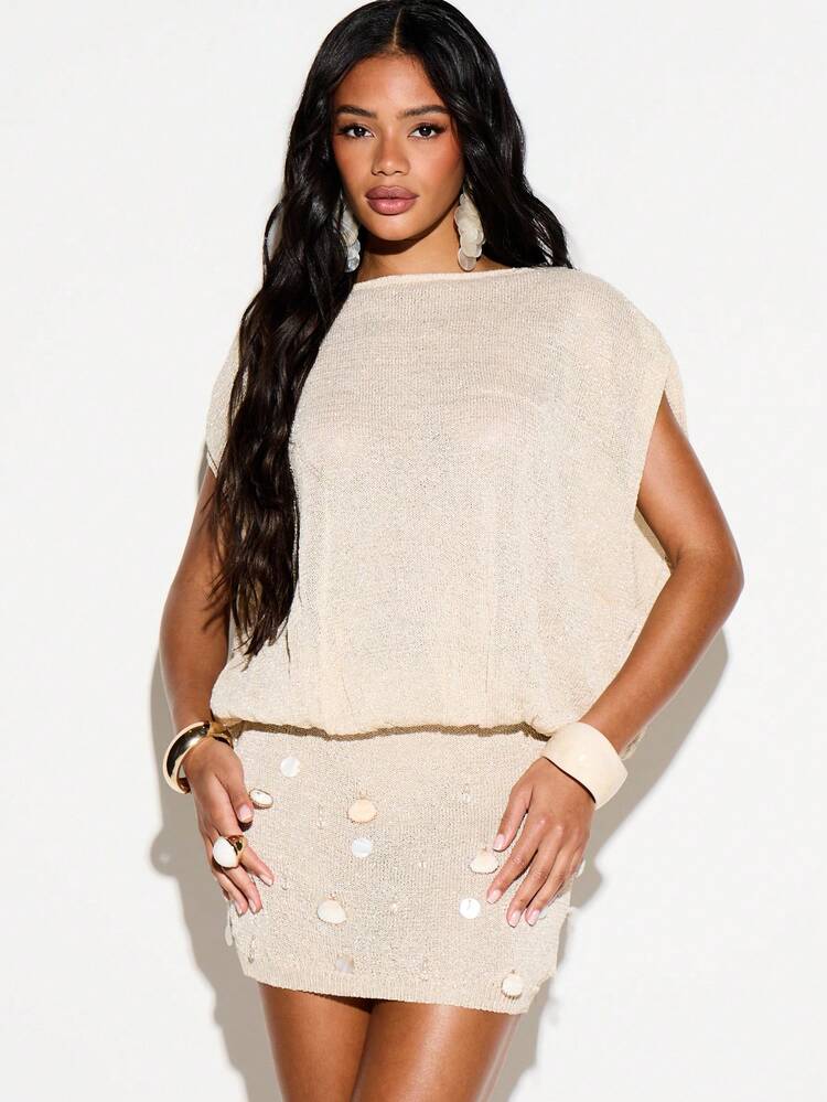 KIZN Womens Beige Open Back Chunky Knit Shell Embellished Mini Sweater Dress Fall Winter Bodycon Party Cocktail Evening