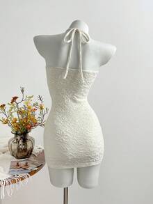 Elamini Women's Metal Ring Decor Halter Neck Jacquard Textured Sexy Mini Dress - Apricot - View 2