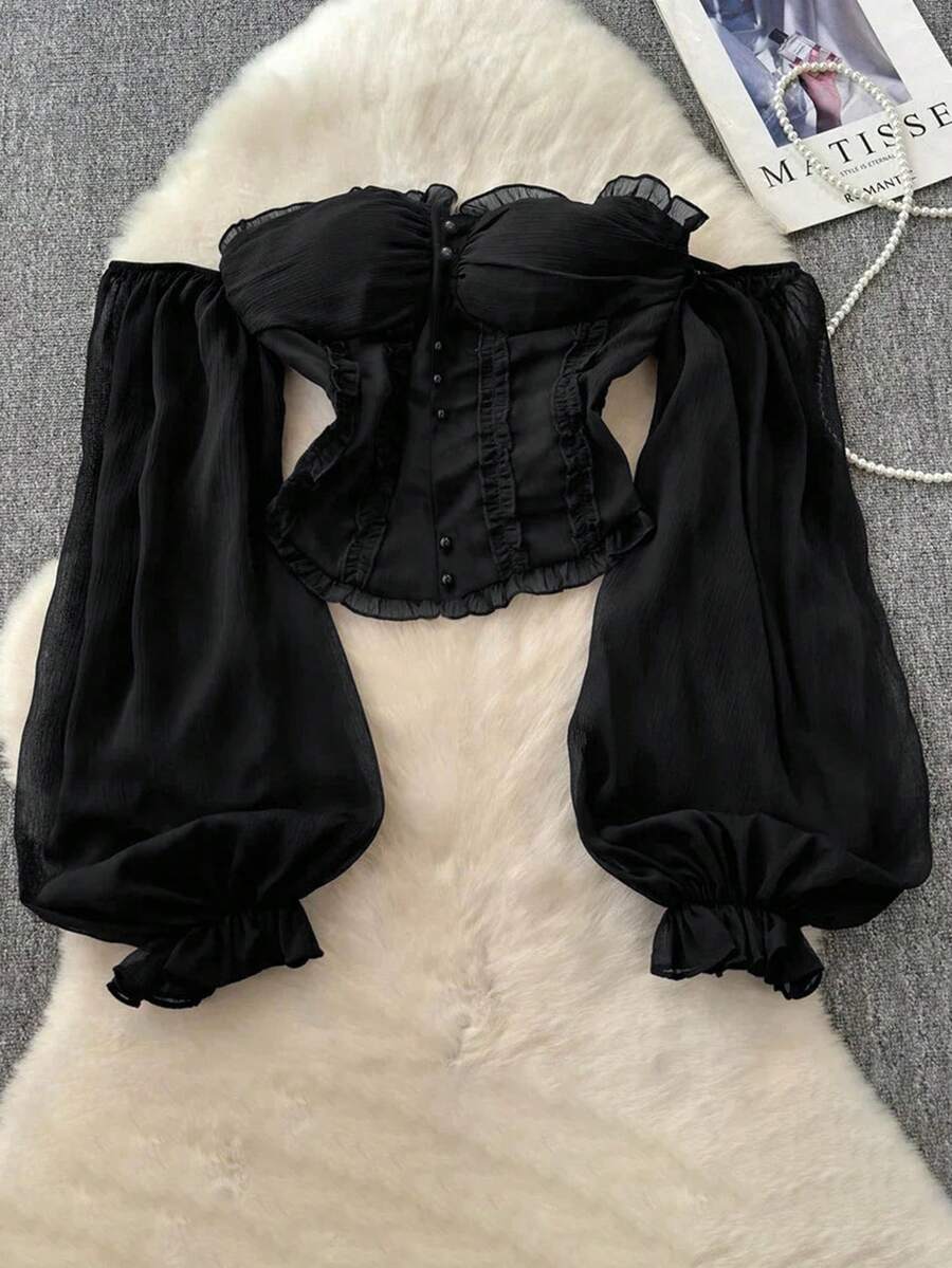 Franclia French Retro Pink Ruffle Off-Shoulder Pearl Button Flare Sleeve Cropped Top - Black - View 1