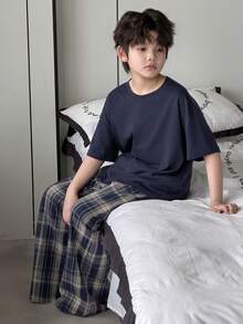Dazy Kids Tween Boy Solid Color Short Sleeve Top And Plaid Pants Pajama Set Summer - Navy Blue - View 5