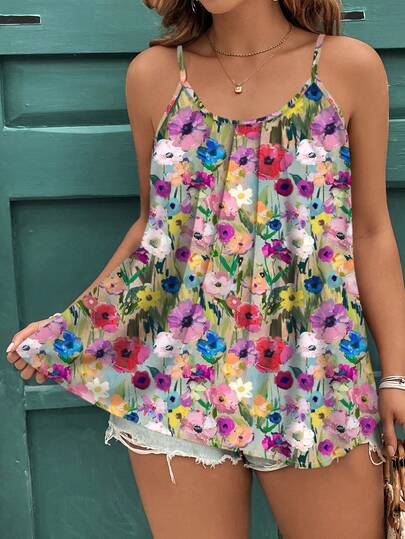 EMERY ROSE Plus Size Mother's Day Casual Minimalist Vintage Ditsy Floral Elegant Loose Tank Top & Camisole Top, Suitable For Summer Beach Holiday,Flower/Vacation/Spring
