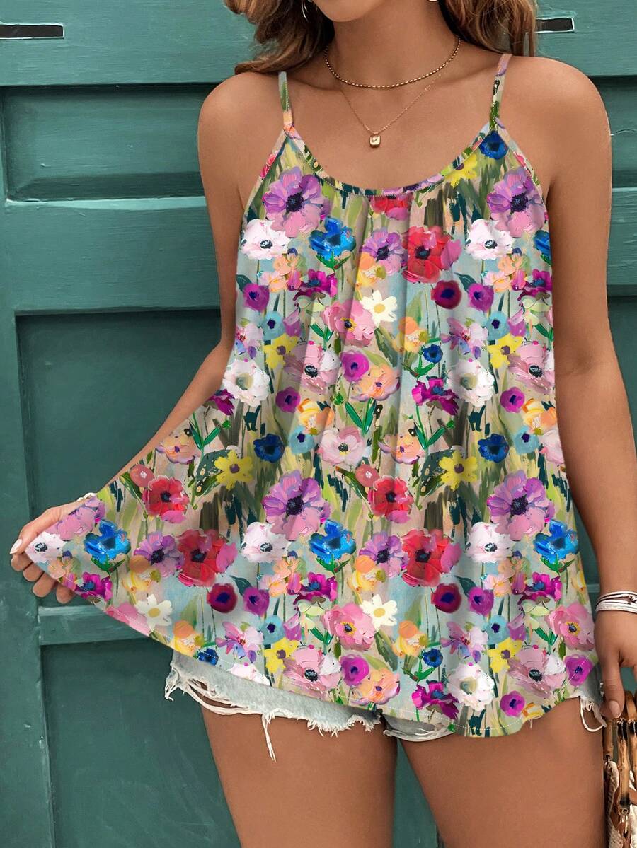 EMERY ROSE 大码母亲节休闲简约复古碎花优雅宽松吊带背心，适合夏季海滩度假，花朵/度假/春季花朵上衣，女士夏季上衣，波西米亚风夏季上衣，碎花上衣，女士夏季度假上衣，女士夏季服装，漂亮上衣，女士夏季上衣，可爱夏季上衣 - 彩色 - 查看 1