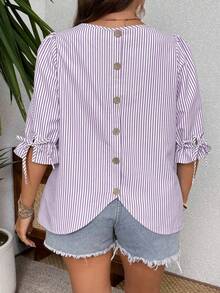 EMERY ROSE Striped Round Neck Cuff Tie Back Decorative Button Plus Size Shirt - Purple - View 2
