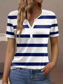 Balvessa Women's Summer Round Neck Striped Design Short Sleeve T-Shirt - Blue - View 5
