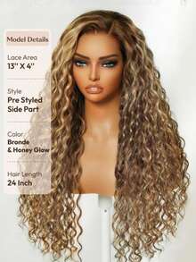 ALL READY WIG 13x4 Pre Everything Bye Bye Slip Lace Frontal Pre Cut Pre Plucked Pre Bleached Bronde Golden Mixed Color With Honey Blonde Highlights Water Wave Drawstring Wig Effortless Transparent Lace 100% Human Hair - S4/27 - View 6