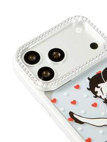 Betty Boop x SHEIN Cute Retro Be Tty Boop Transparent Glitter TPU Phone Case, Red Rose & Heart Charm Decor Shockproof Shell For IPhone - Multicolor - View 5