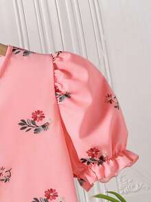 2pcs/Set Floral Print Puff Sleeve Shirt & Asymmetric Button Skirt, Comfortable For Vacation Or Daily Wear, Spring/Summer - Pink - View 4